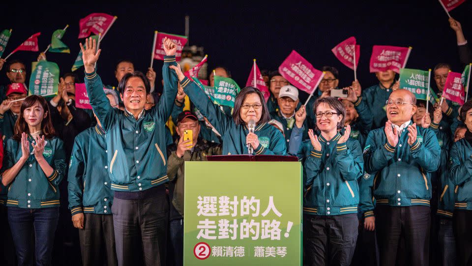 Tsai holds up Lai's hand at a DPP campaign rally in Taipei just days before Taiwan's presidential election on January 13, 2014. - Alex Chan Tsz Yuk/SOPA Images/LightRocket/Getty Images