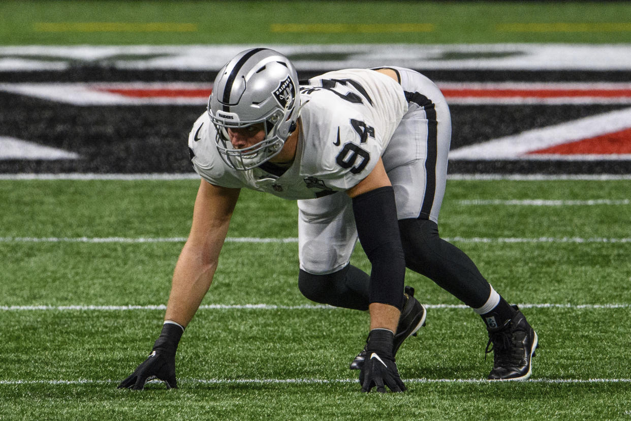 Las Vegas Raiders defensive end Carl Nassib (94) lines up during the first half of an NFL football game against the Atlanta Falcons, Sunday, Nov. 29, 2020, in Atlanta. The Atlanta Falcons won 43-6. (AP Photo/Danny Karnik)