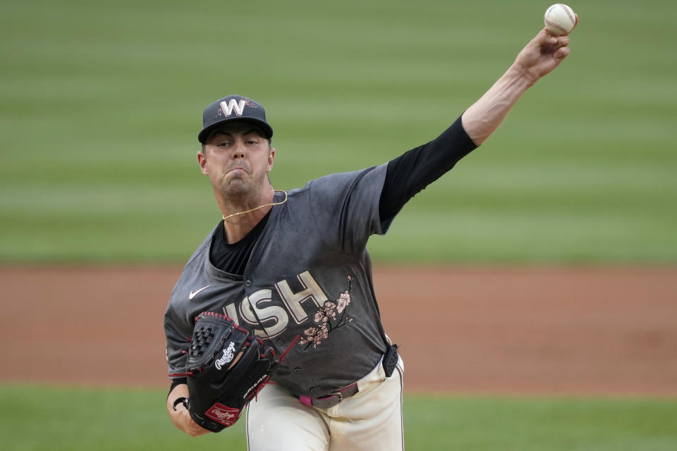 Washington Nationals starting pitcher MacKenzie Gore delivers against the Miami Marlins during the first inning of a baseball game at Nationals Park in Washington, Friday, June 14, 2024. (AP Photo/Susan Walsh)