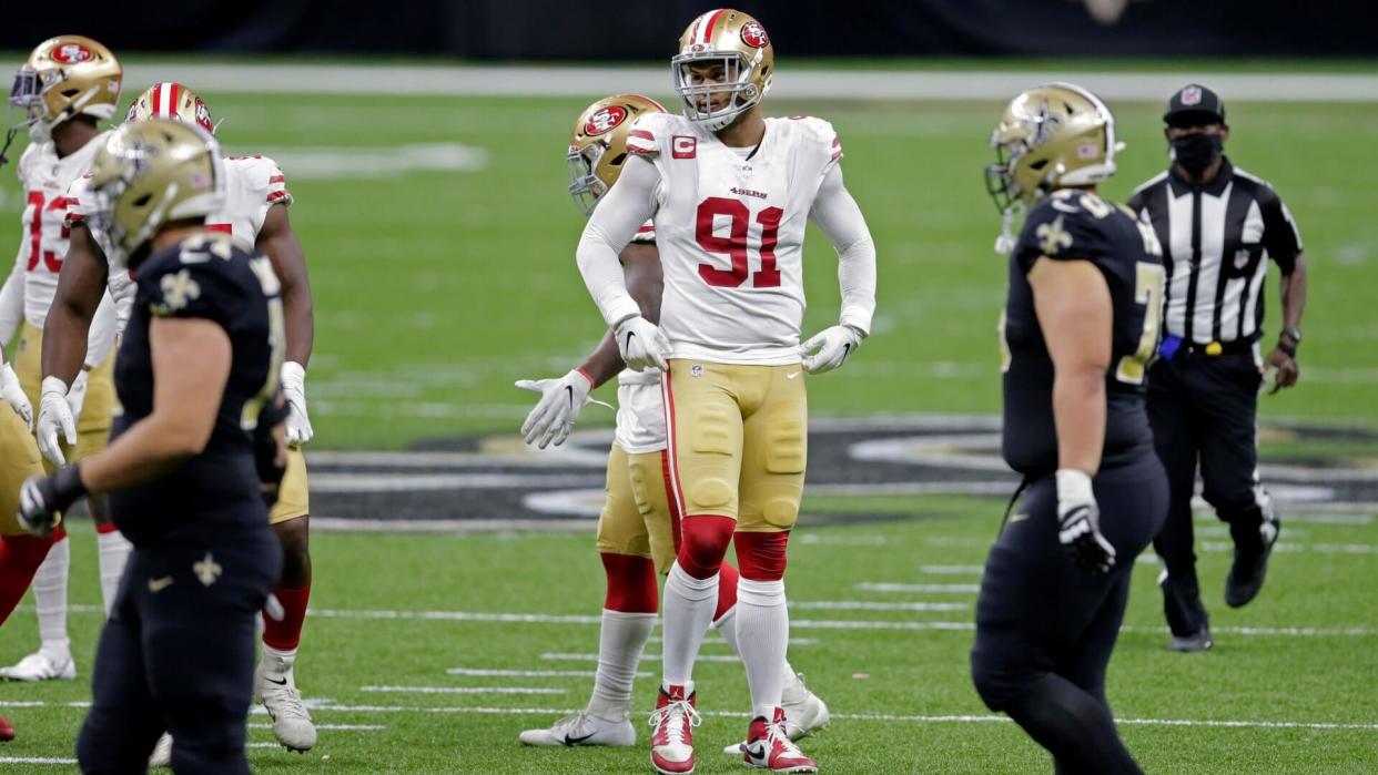 Mandatory Credit: Photo by Brett Duke/AP/Shutterstock (11019056c)San Francisco 49ers defensive end Arik Armstead (91) pauses between plays in the second half of an NFL football game against the New Orleans Saints in New Orleans, .