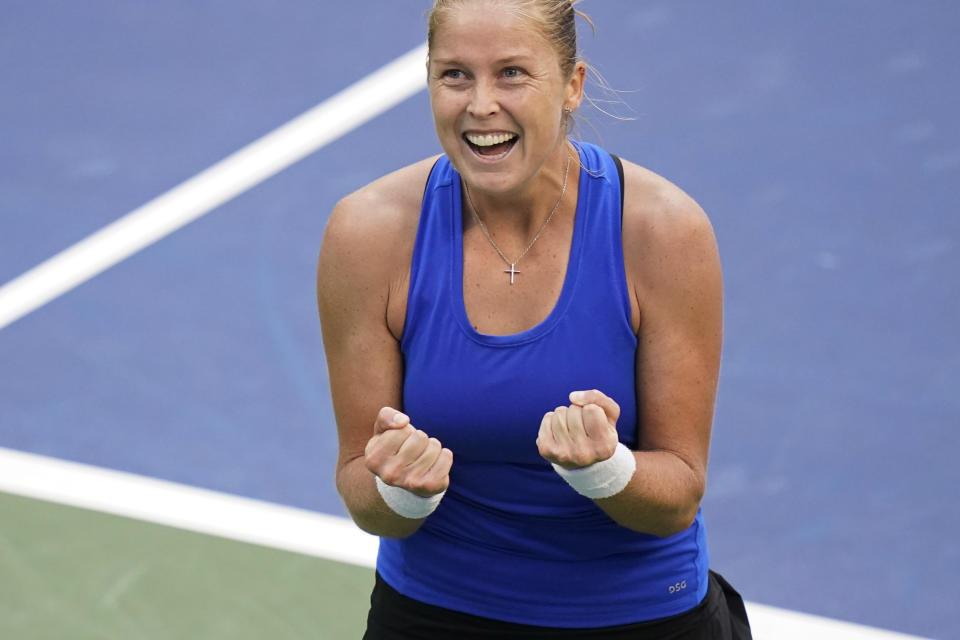 Shelby Rogers, of the United States, reacts after defeating Petra Kvitova, of the Czech Republic, during the fourth round of the US Open tennis championships, Sunday, Sept. 6, 2020, in New York. (AP Photo/Frank Franklin II)