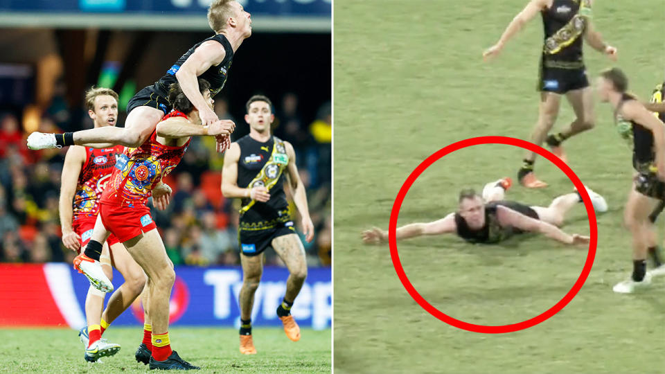 Jack Riewoldt is pictured flying for a mark on the left, and on the ground appealing to the umpire on the right.