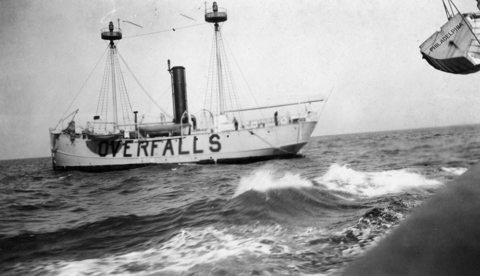 In 1892, the lightship Overfalls was anchored over the Overfalls Shoals to warn mariners away from the dangerous shallows.