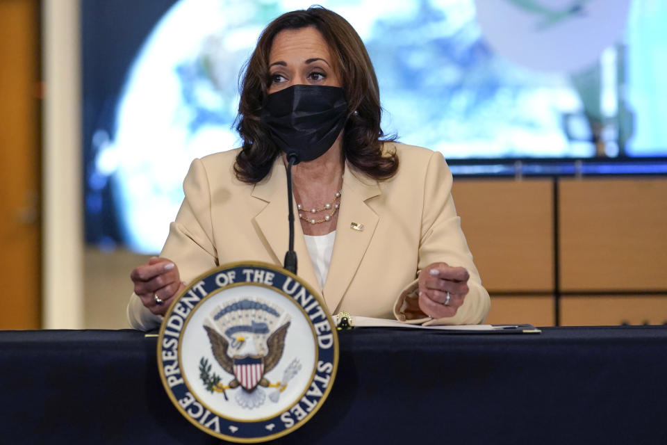 Vice President Kamala Harris speaks at the National Hurricane Center, Monday, Aug. 1, 2022, in Miami. Harris is attending climate resilience events in Miami. (AP Photo/Lynne Sladky)