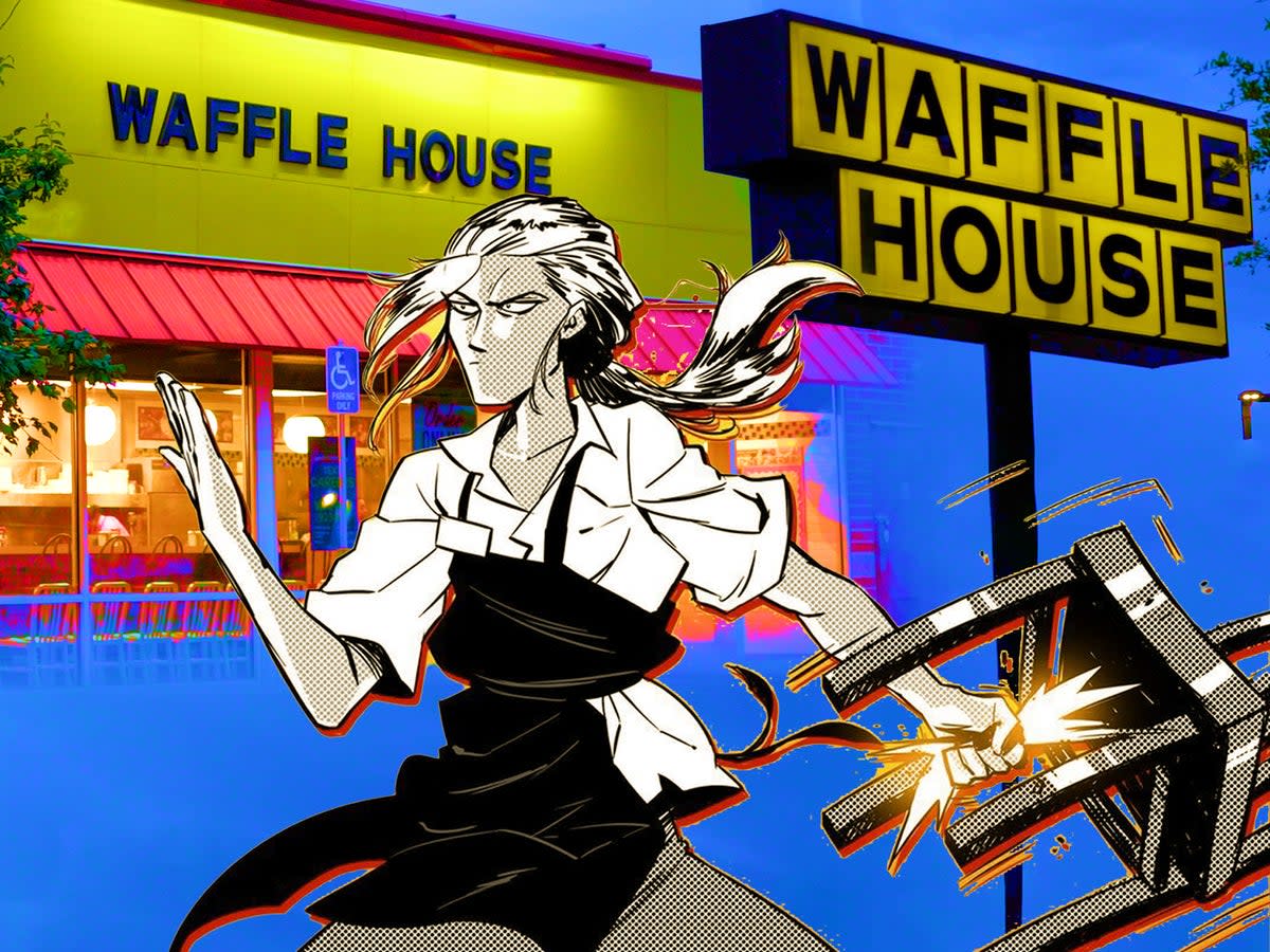 Waffle House has a reputation as a place where people throw down (Art by Zach Raw / Image by Julia Saqui / The Independent )