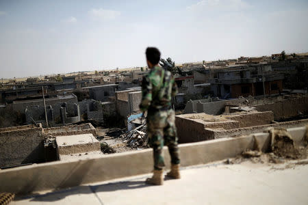 A Popular Mobilisation Forces (PMF) fighter stands guard atop the school building of the recently liberated from the Islamic State militants village of Kojo, Iraq June 1, 2017. REUTERS/Alkis Konstantinidis