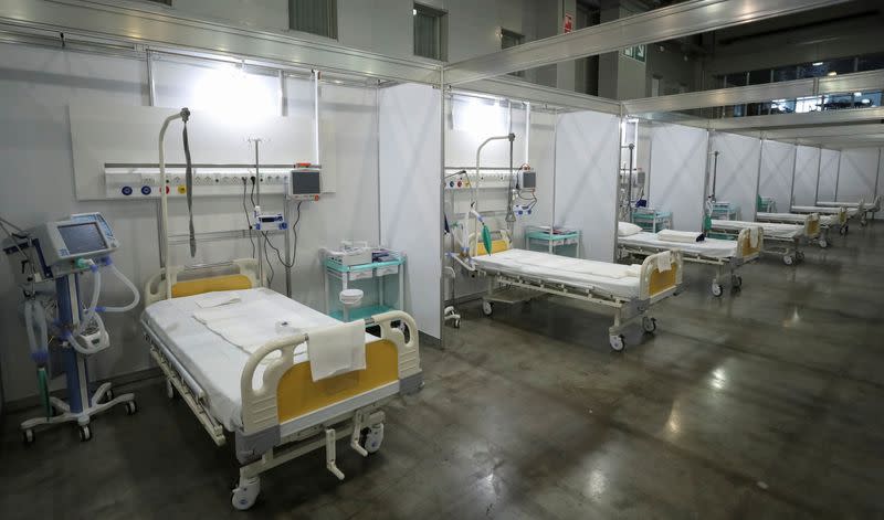 An interior view shows a pavilion of Crocus exhibition center following the decision of local authorities to turn it into a temporary hospital amid the coronavirus disease (COVID-19) outbreak in Moscow