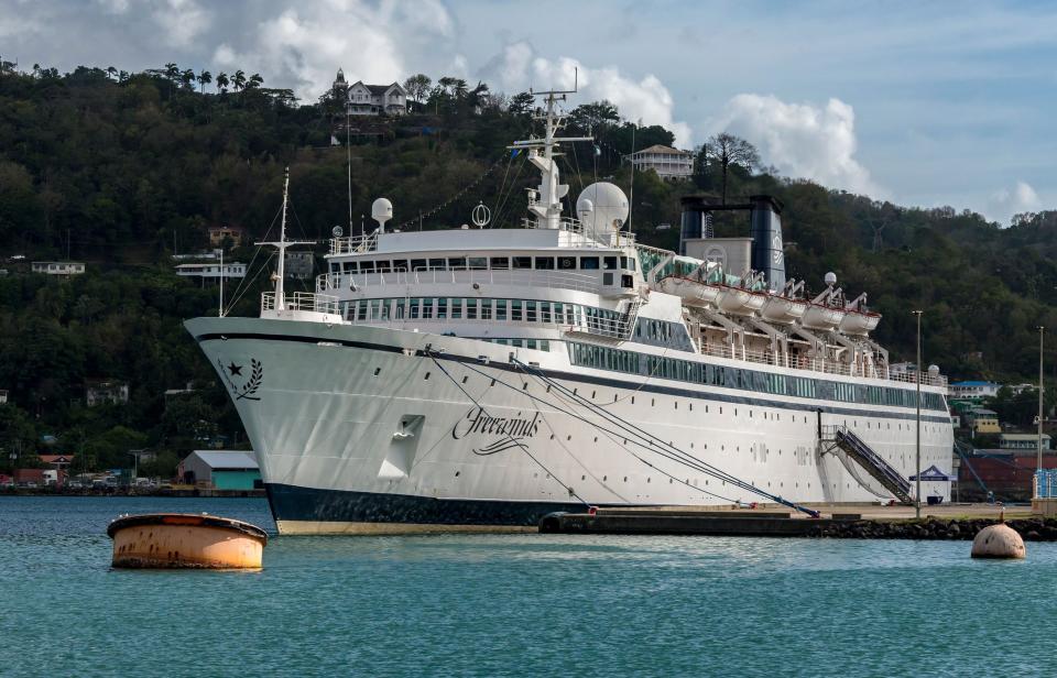 The Freewinds cruise ship owned by the Church of Scientology is seen docked in quarantine at the Point Seraphine terminal in Castries, Saint Lucia, on May 2, 2019, after a measles case was detected onboard.