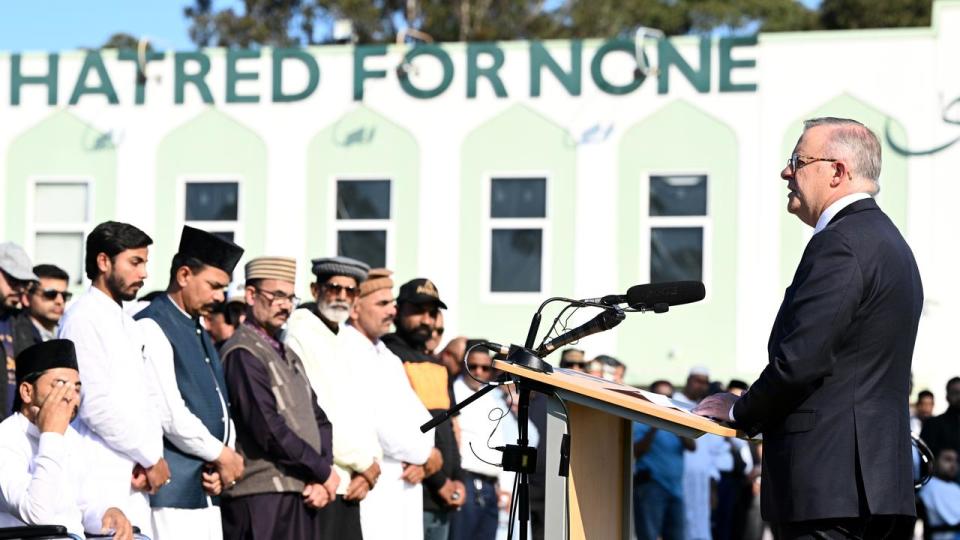 Anthony Albanese speaks during the funeral for Faraz Tahir.