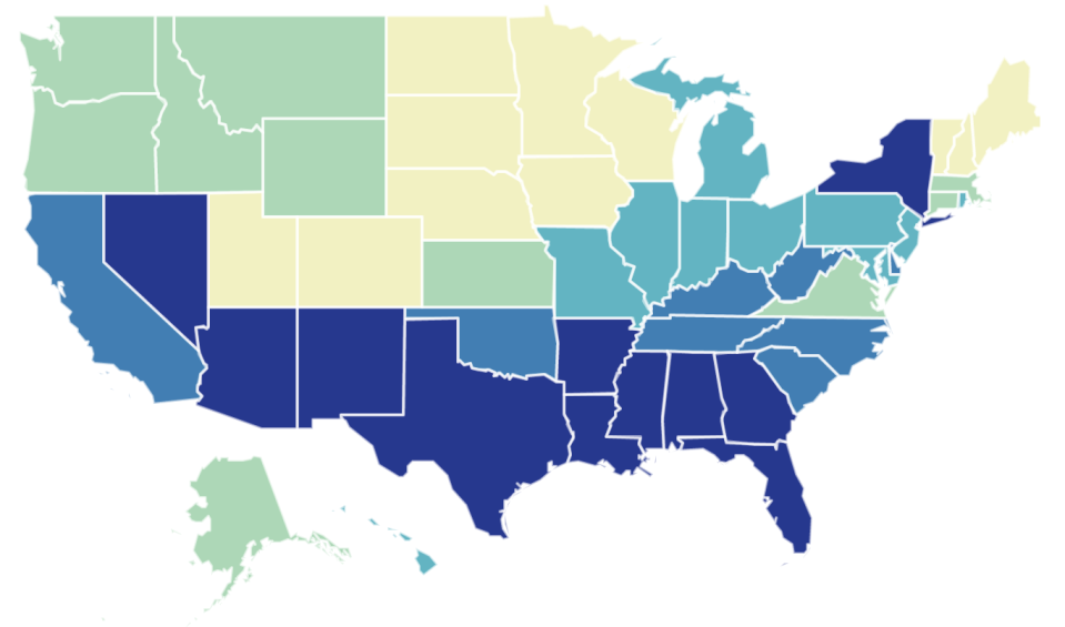 The state-by-state results of Congress's 'Social Capital Project'. Yellow states scored the highest while blue states finished at the bottom (The U.S. Joint Economic Eommittee)