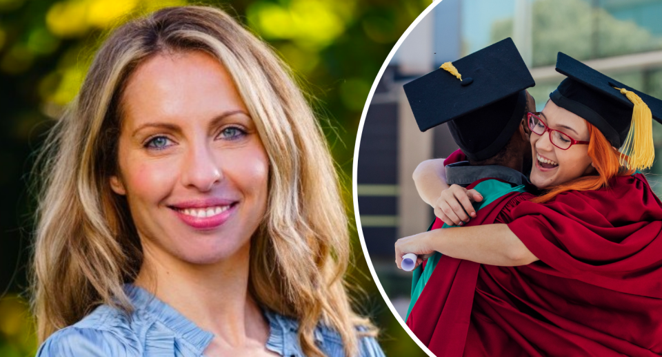 Recruiting expert Ursula Coleman stands next to two college graduates