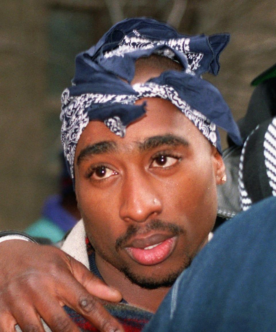 Rapper Tupac Shakur, shown in this Dec. 16, 1993 file photo, died six days after being shot in September 1996 in a drive-by attack in Las Vegas. Rapper Notorious B.I.G., whose real name was Christopher Wallace, was gunned down as he left a party in Los Angeles on March 9, 1997, police said, becoming the second high-profile gangsta rap artist slain in the last six months.