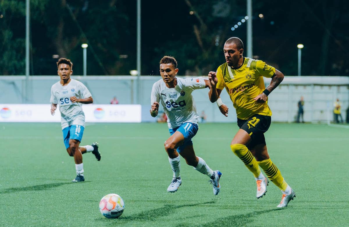 German club Borussia Dortmund (yellow jersey) in action against the Lion City Sailors in their friendly at Jalan Besar Stadium. (PHOTO: Lion City Sailors/Facebook)