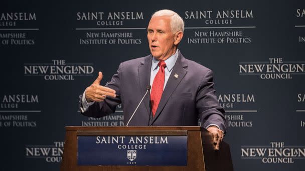 PHOTO: Former Vice President Mike Pence speaks at 'Politics & Eggs' at the New Hampshire Institute Politics at St. Anselm College on Aug. 17, 2022 in Manchester, N.H.  (Scott Eisen/Getty Images)