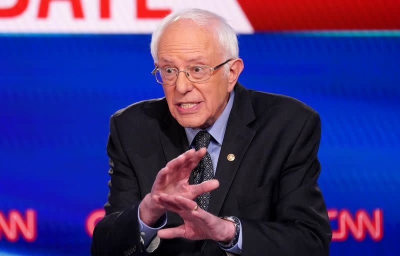 Democratic U.S. presidential candidate Senator Bernie Sanders speaks at the 11th Democratic candidates debate of the 2020 U.S. presidential campaign in Washington