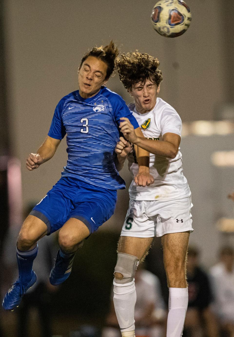 CanterburyÕs Sam Schoensee goes up for a header  against Shorecrest Prep during the Class 2A-Region 3 Championship soccer game. Canterbury won 3-0 and moves on. 