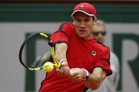 Tennis - French Open - Roland Garros - Rafael Nadal of Spain vs Facundo Bagnis of Argentina. - Paris, France - 26/05/16. Facundo Bagnis returns the ball. REUTERS/Pascal Rossignol