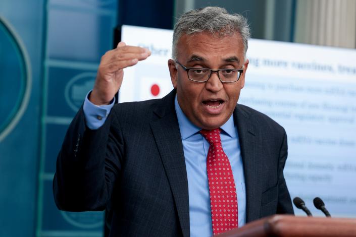 White House Coronavirus Response Coordinator Dr. Ashish Jha gestures as he speaks at a daily press conference in the James Brady Press Briefing Room of the White House on April 26, 2022 in Washington, DC.