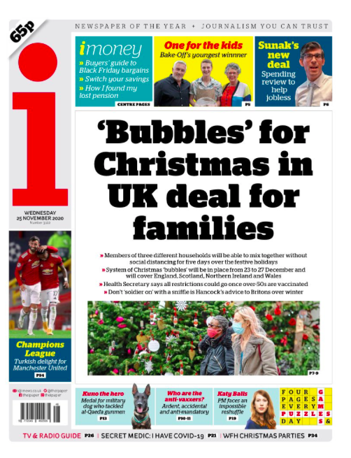 A 'UK deal for families' is how the i reports the Christmas bubbles news.
