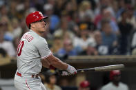 Philadelphia Phillies' J.T. Realmuto watches his three-run home run against the San Diego Padres during the sixth inning of a baseball game Thursday, June 23, 2022, in San Diego. (AP Photo/Gregory Bull)