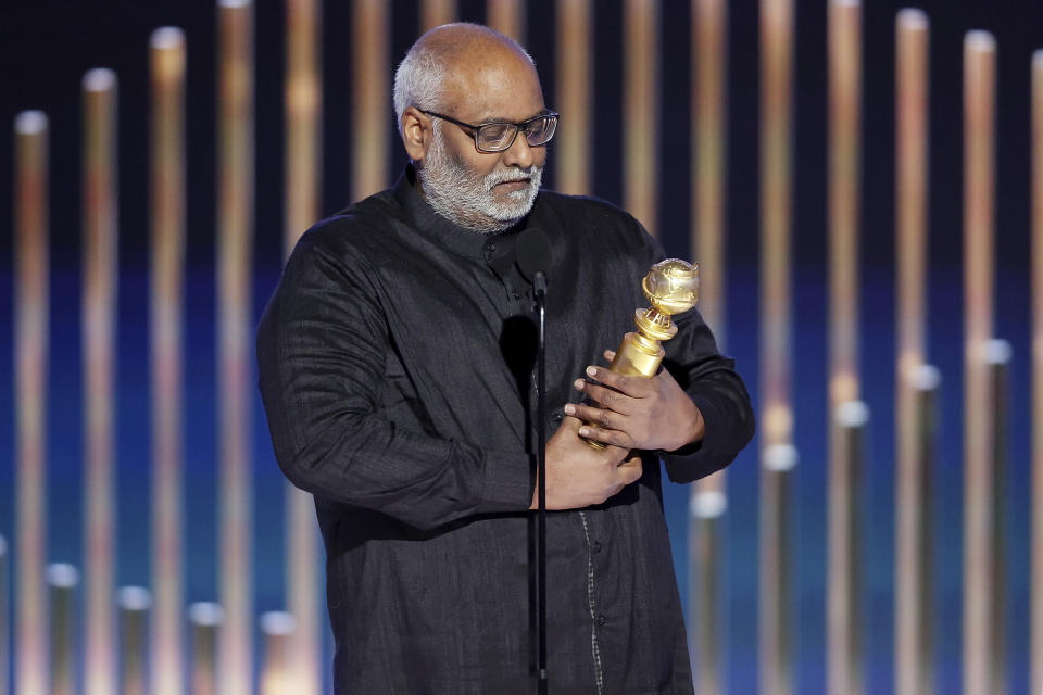 This image released by NBC shows M. M. Keeravani accepting the Best Original Song award for "Naatu Naatu" from "RRR" during the 80th Annual Golden Globe Awards at the Beverly Hilton Hotel on Tuesday, Jan. 10, 2023, in Beverly Hills, Calif. (Rich Polk/NBC via AP)