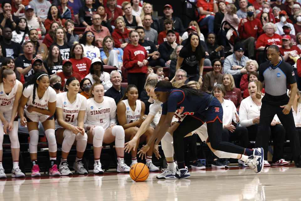 Stanford guard Hannah Jump, left, looses control of the ball against Mississippi guard Marquesha Davis, right during the second half of a second-round college basketball game in the women's NCAA Tournament, Sunday, March 19, 2023, in Stanford, Calif. (AP Photo/Josie Lepe)