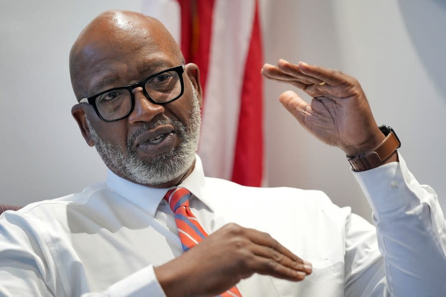 St. Petersburg Mayor Ken Welch gestures during an interview Friday, April 19, 2024, in St. Petersburg, Fla. The future of the Tampa Bay Rays should come into clear focus in the coming weeks as the St. Petersburg City Council begins discussions about the $1.3 billion ballpark that would open for the 2028 baseball season. The stadium is the linchpin of a much larger project that would transform the downtown with affordable housing, a Black history museum, office and retail space. (AP Photo/Chris O’Meara)