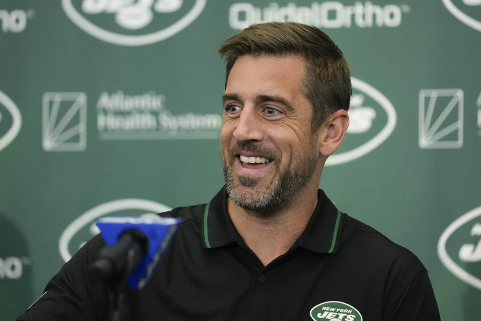 New York Jets quarterback Aaron Rodgers answers questions during an introductory NFL football press conference, Wednesday, April 26, 2023, in Florham Park, N.J. (AP Photo/Seth Wenig)