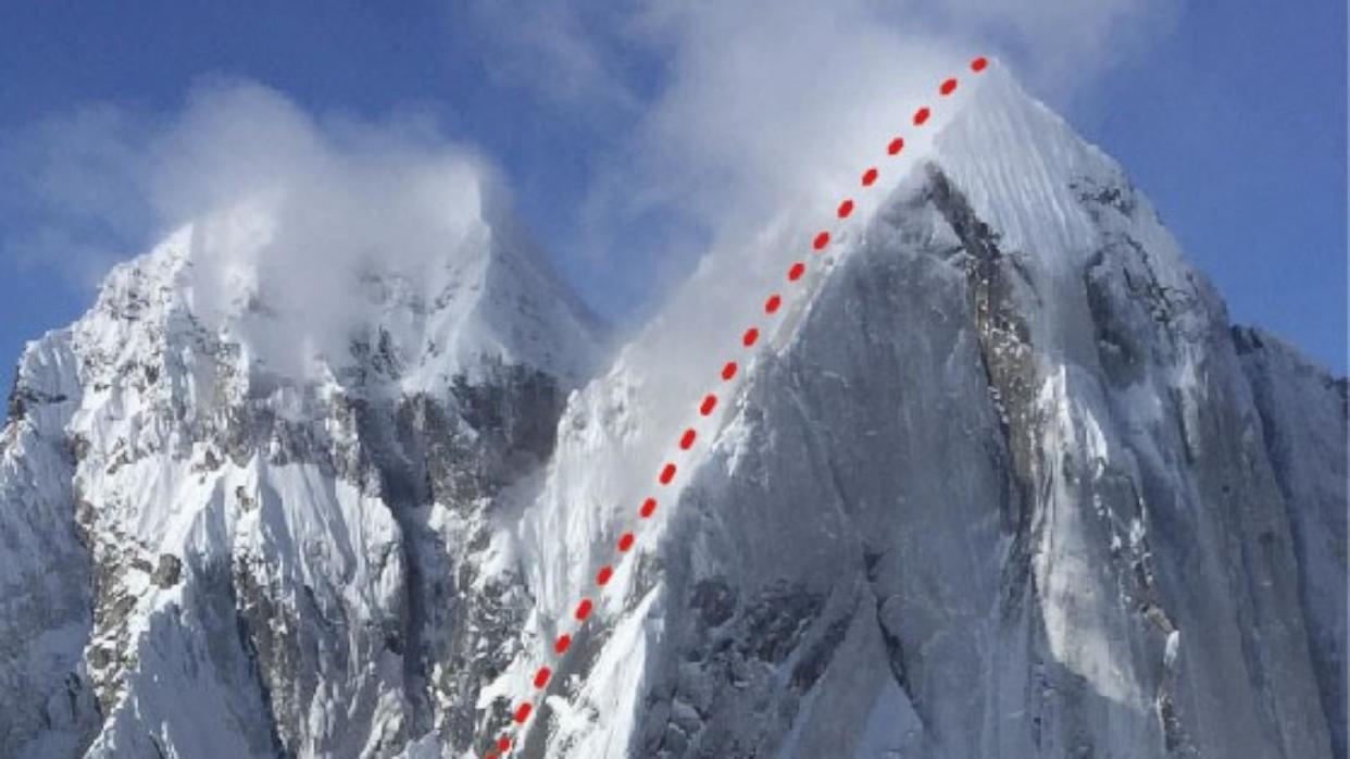 PHOTO: The 'Escalator' route on Mt. Johnson, Denali National Park and Preserve.  The X indicates the approximate location of the rescue of the surviving climbing partner. (NPS Photo / J. Kayes)