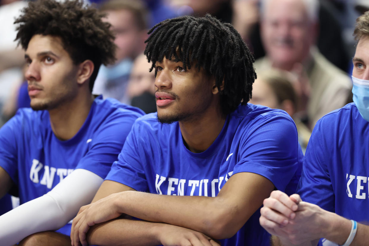 Shaedon Sharpe sits on the bench during a Kentucky men's basketball game in January. He did not play for the Wildcats in his lone season on campus. (Andy Lyons/Getty Images)