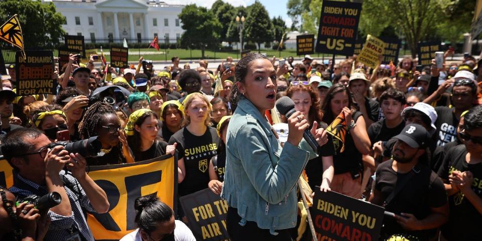 Rep. Alexandria Ocasio-Cortez (D-NY) rallies hundreds of young climate activists in Lafayette Square on the north side of the White House to demand that U.S. President Joe Biden work to make the Green New Deal into law on June 28, 2021.