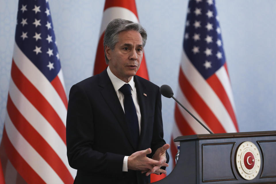 U.S. Secretary of State Antony Blinken talks to journalists during a joint news conference with Turkish Foreign Minister Mevlut Cavusoglu following their meeting in Ankara, Turkey, Monday, Feb. 20, 2023. (AP Photo/Burhan Ozbilici)