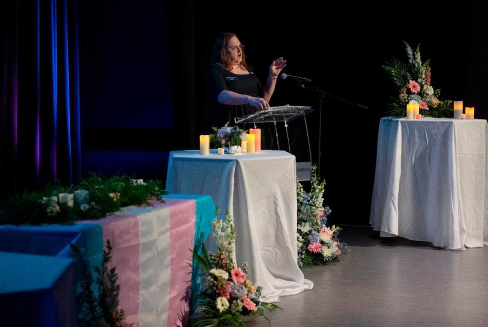 Penn State graduate student Sophie Kandler speaks during the Transgender Day of Remembrance Vigil in the HUB on Tuesday, Nov. 14, 2023. Abby Drey/adrey@centredaily.com