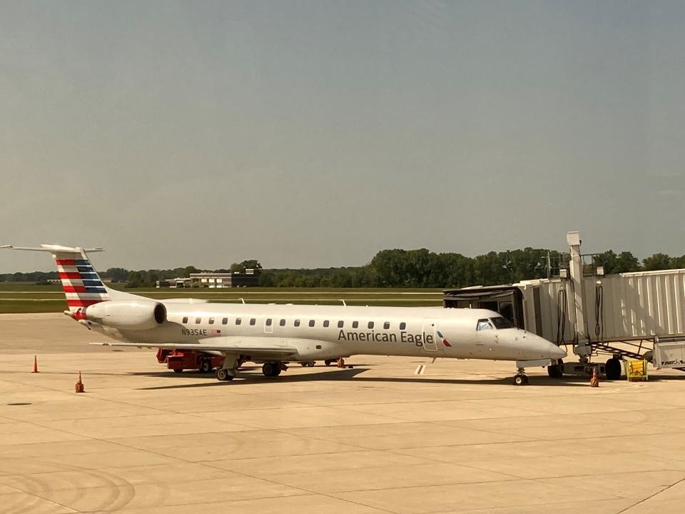 An American Eagle jet at a Green Bay Austin Straubel International Airport gate on Sept. 7, 2022. American Eagle is a regional partner of American Airlines.