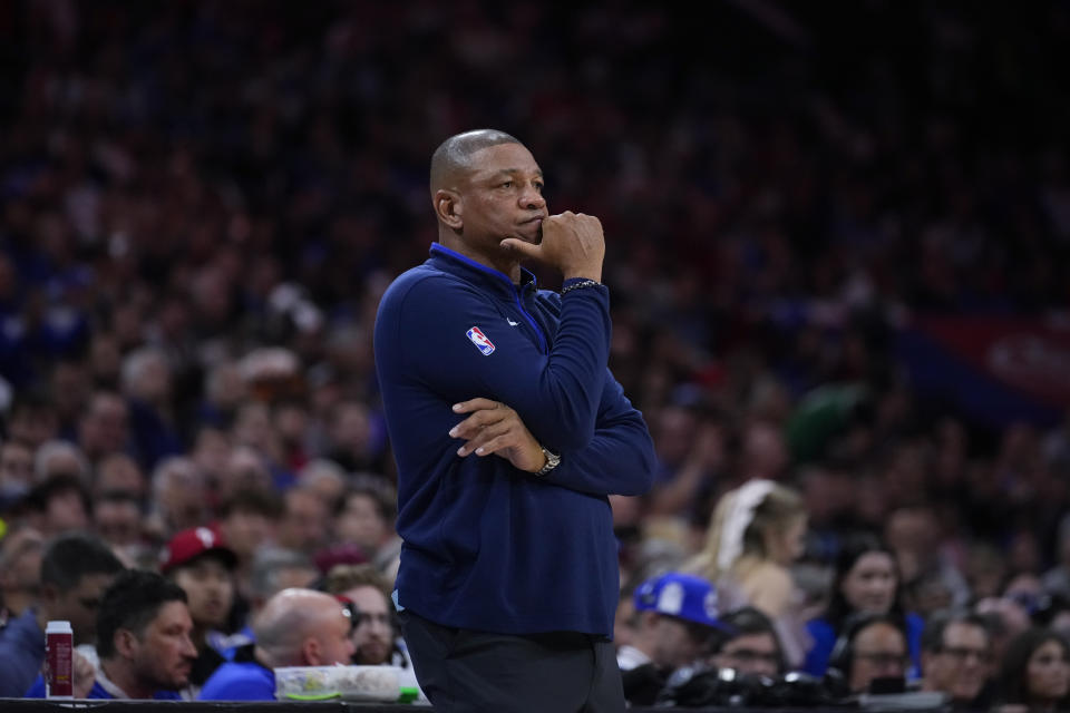 Philadelphia 76ers coach Doc Rivers watches during the first half of Game 6 of the team's NBA basketball playoffs Eastern Conference semifinal against the Boston Celtics, Thursday, May 11, 2023, in Philadelphia. (AP Photo/Matt Slocum)
