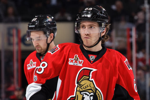 OTTAWA, ON – APRIL 12: Team mates Mike Hoffman #68 and Mark Stone #61 of the Ottawa Senators look on during a break against the Boston Bruins in Game One of the Eastern Conference First Round during the 2017 NHL Stanley Cup Playoffs at Canadian Tire Centre on April 12, 2017 in Ottawa, Ontario, Canada. (Photo by Jana Chytilova/Freestyle Photography/Getty Images) *** Local Caption ***