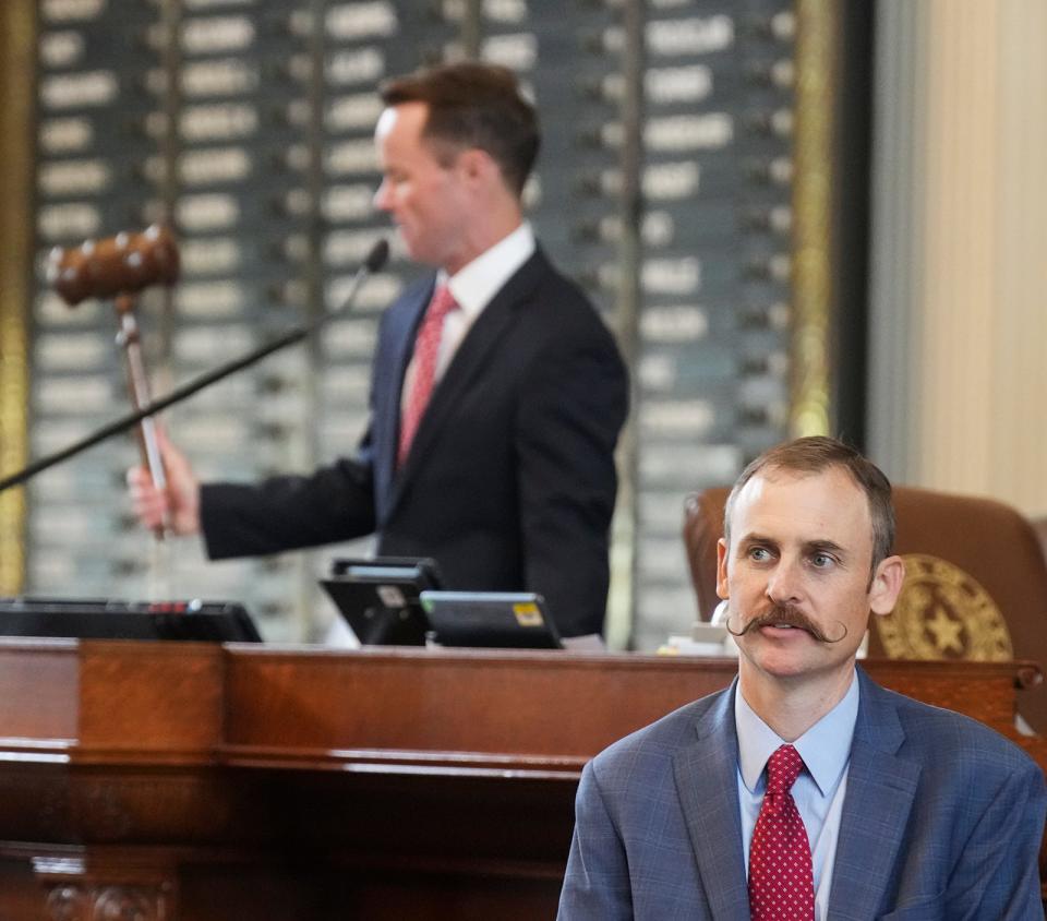 Rep. Andrew Murr, R-Junction, is seen as Rep. Dade Phelan, R-Beaumont, bangs the gavel during Sine Die in the House of Representatives at the Texas Capitol on Monday, May 29, 2023. 