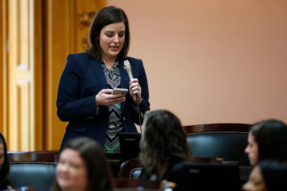 State Rep. Brigid Kelly speaks at the Ohio Statehouse in Columbus in 2019. She passed away Tuesday March 26, 2024 after a long battle with esophageal cancer.