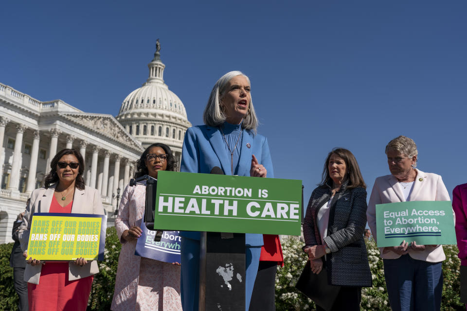 Rep. Katherine Clark, D-Mass., the House minority whip, center, joins members of the House Pro-Choice Caucus and Democratic Women's Caucus at an event calling to protect access to abortion medication, at the Capitol in Washington, Wednesday, April 19, 2023. The Supreme Court is deciding whether women will face restrictions in getting a drug, mifepristone, that is the most common method of abortion in the United States. (AP Photo/J. Scott Applewhite)