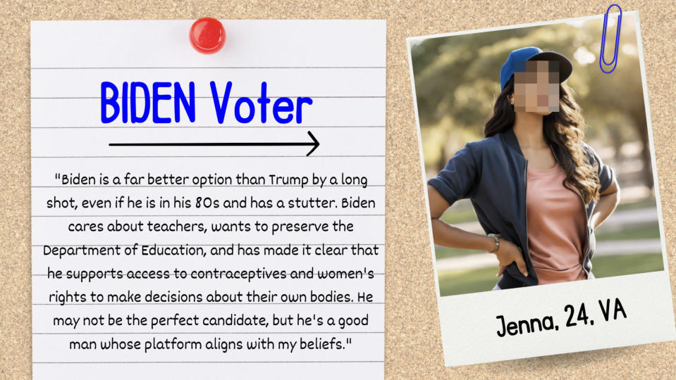 BIDEN Voter: Jenna, 24, VA. Jenna states Biden is better than Trump, emphasizing education, contraceptives, and women's rights. She supports Biden despite imperfections. Image shows Jenna outdoors in casual attire with hands on hips