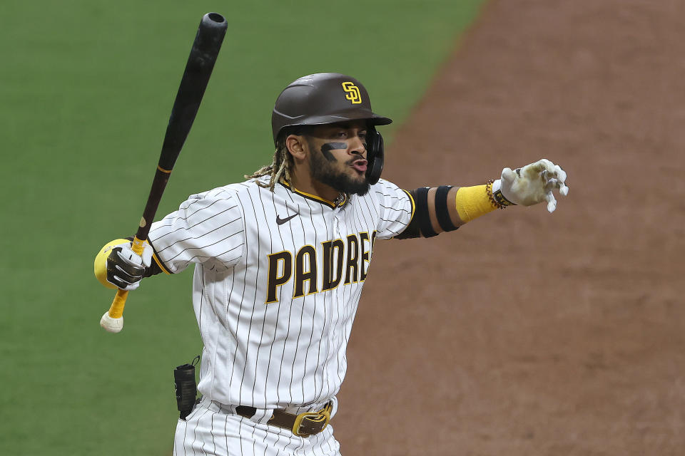 SAN DIEGO, CALIFORNIA - APRIL 17: Fernando Tatis Jr. #23 of the San Diego Padres reacts to a called third strike during the sixth inning of a game against the Los Angeles Dodgers at PETCO Park on April 17, 2021 in San Diego, California. (Photo by Sean M. Haffey/Getty Images)