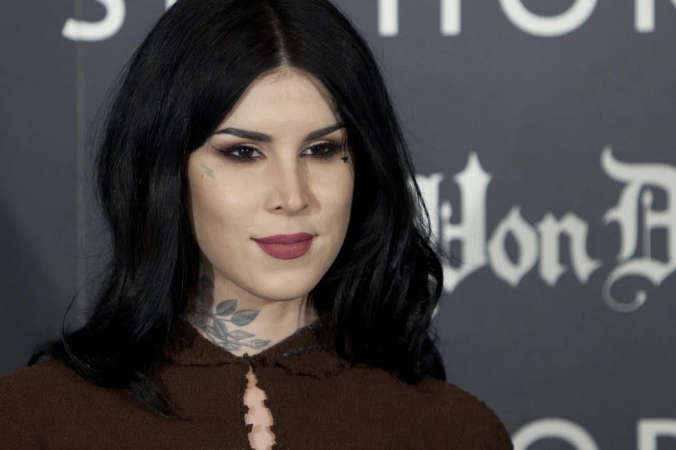 Tattoo artist Kat Von D poses for photographers during the presentation of her new line of makeup in Madrid, Spain, Oct. 7, 2015. (AP Photo/Abraham Caro Marin, File)