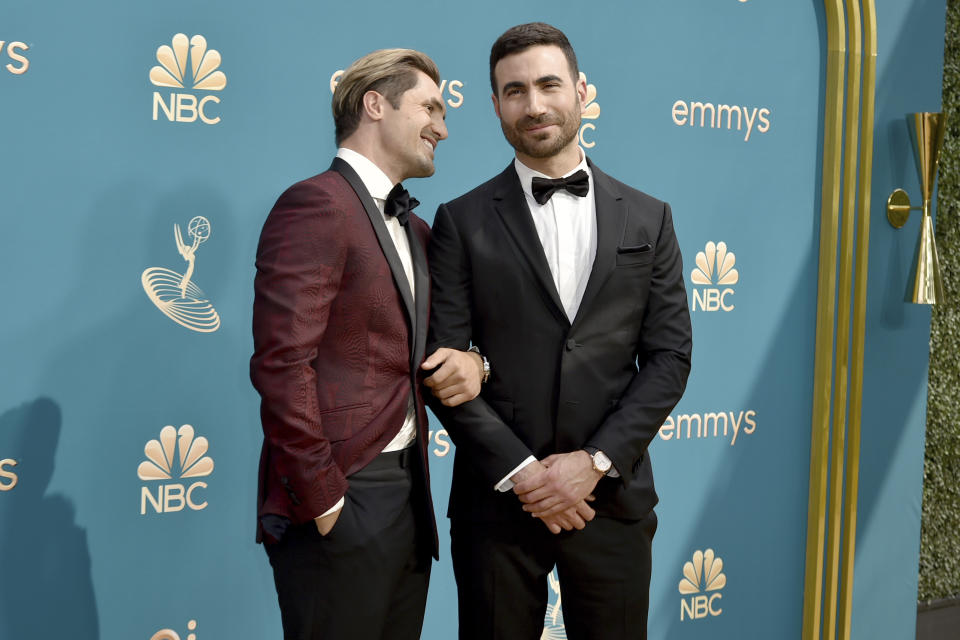 Phil Dunster, left, and Brett Goldstein arrive at the 74th Primetime Emmy Awards on Monday, Sept. 12, 2022, at the Microsoft Theater in Los Angeles. (Photo by Richard Shotwell/Invision/AP)