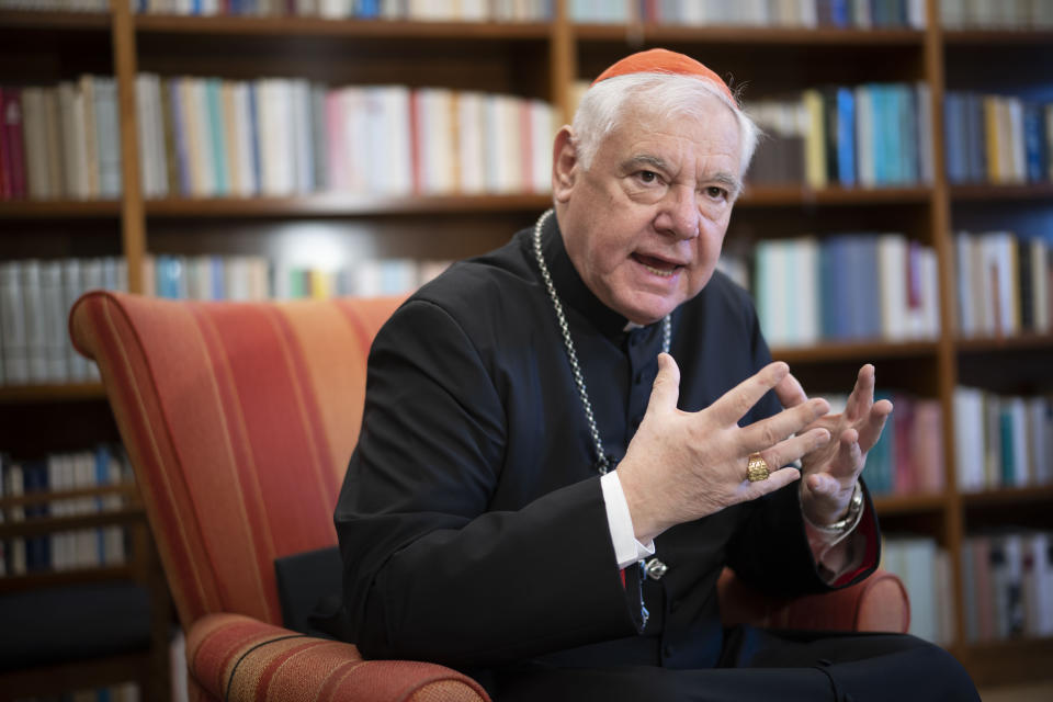 FILE - German Cardinal Gerhard Mueller speaks during an interview with The Associated Press in his apartment in Rome, Wednesday, Jan. 4, 2023. Pope Francis said in an interview with The Associated Press at The Vatican on Tuesday, Jan. 24, 2023, that there's a risk that what could be a trailblazing reform process in the German church could become "ideological." (AP Photo/Domenico Stinellis, file)