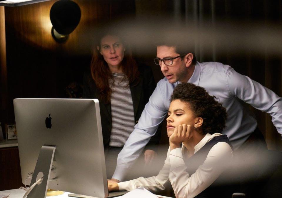 Zazie Beetz and David Schwimmer filming <em>The Boss</em> with Sigal Avin. (Photo: Facebook/#ThatsHarassment)