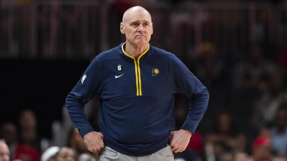 Indiana Pacers head coach Rick Carlisle looks during the first half of an NBA basketball game against the Atlanta Hawks, Saturday, March 25, 2023, in Atlanta. (AP Photo/Hakim Wright Sr.)