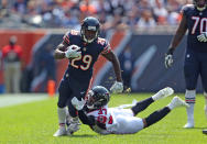 <p>Chicago Bears running back Tarik Cohen (29) runs past Atlanta Falcons free safety Ricardo Allen (37) during the first quarter at Soldier Field. Mandatory Credit: Dennis Wierzbicki-USA TODAY Sports </p>