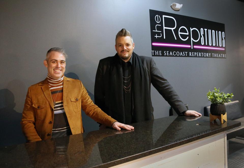 Ben Hart, left, and Brandon James, executive artistic directors in the lobby of Rep Studios, a new space housing Seacoast Repertory Theatre programs at 2800 Lafayette Road in Portsmouth.