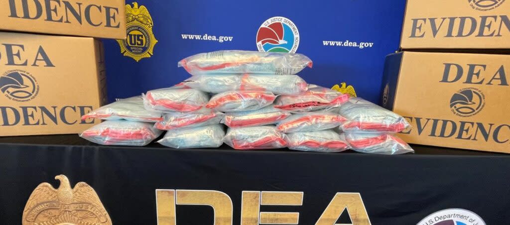 Tens of thousands of fentanyl pills recently seized by the DEA's Rocky Mountain Field Division are pictured