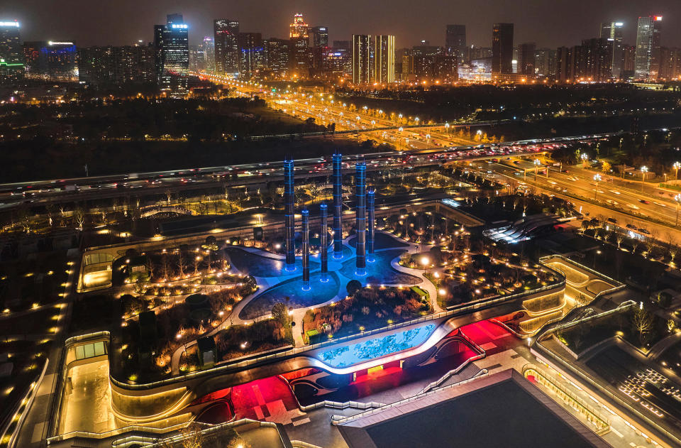 A bird’s-eye view of SKP Chengdu’s lantern-like towering water beacon sculptures called “The Tower of Life.”